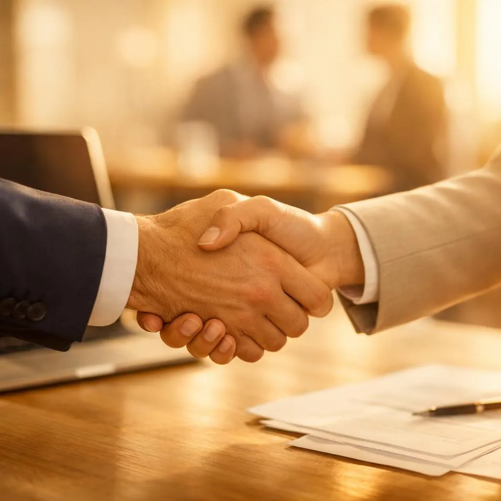 Two people shaking hands over a desk
