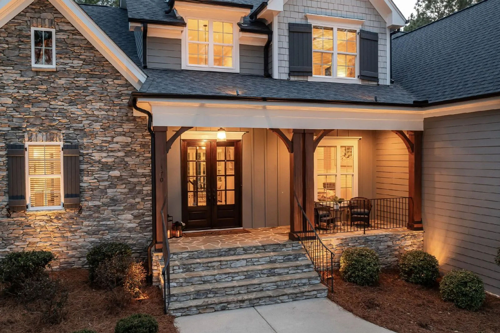 A welcoming home front porch in warm light